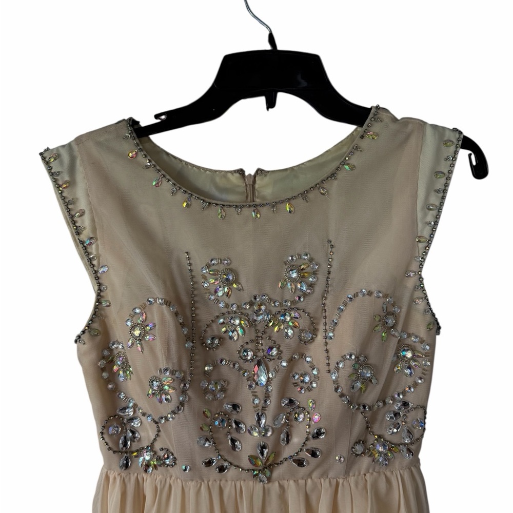Azazie Junior Girl Champagne Beaded Chiffon Maxi Dress Formal Gown Sleeveless - Picture 3 of 9